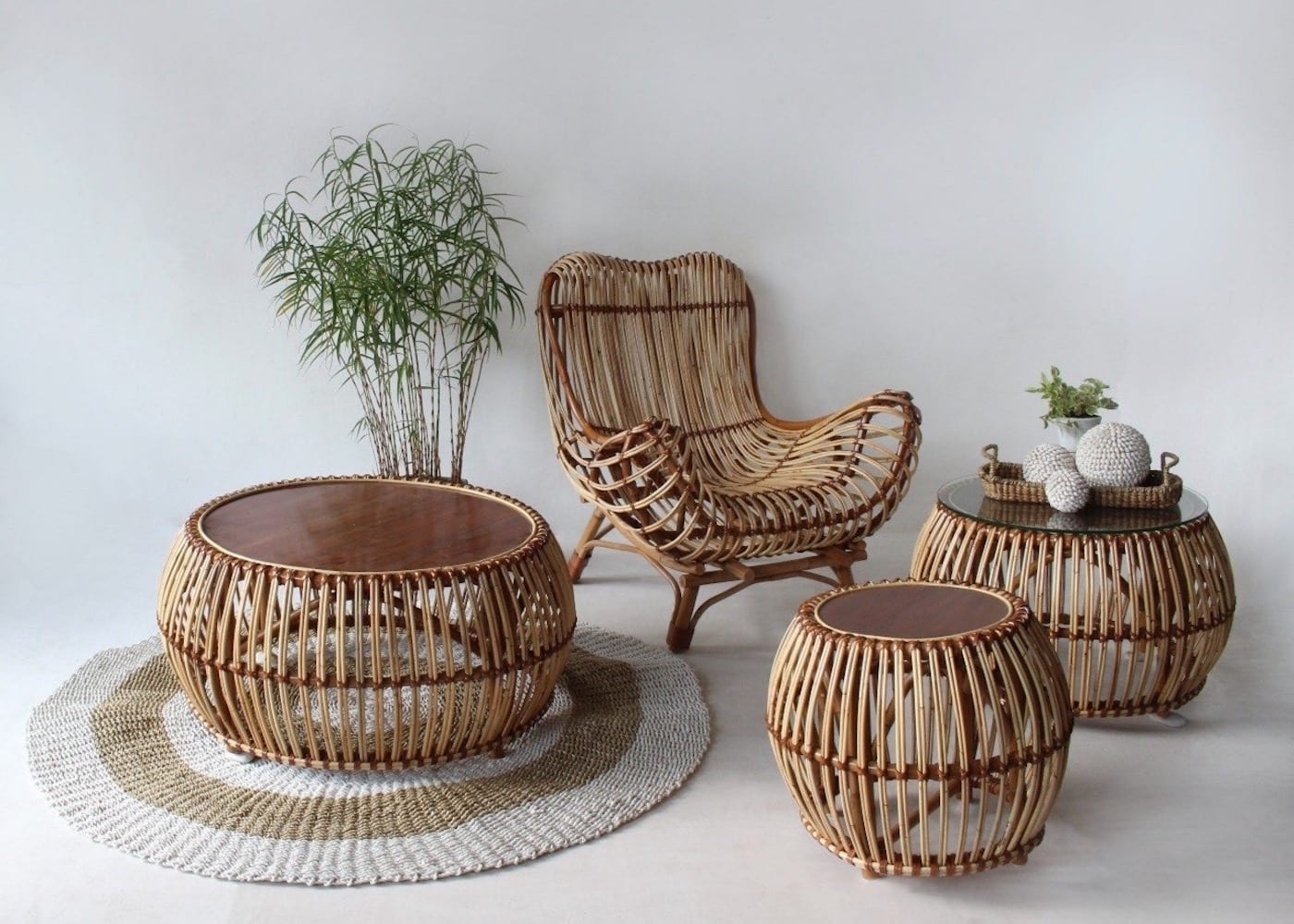 Rattan Lounge Set with Vertical Slats and Cane Decor