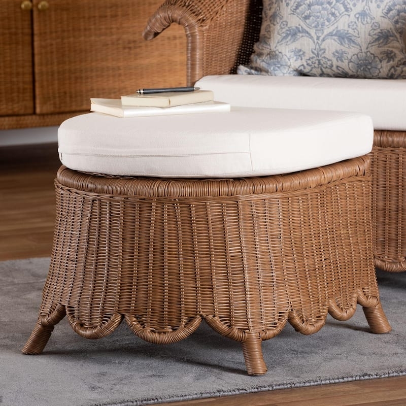Rattan Ottoman Scalloped Skirt Handwoven Flared Base