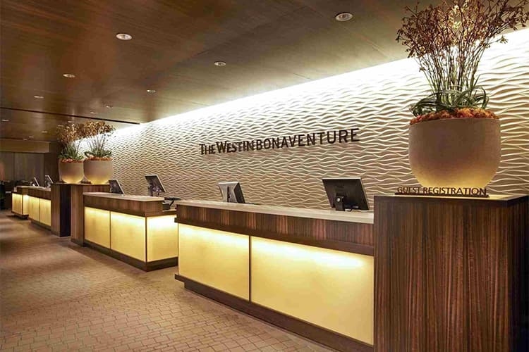 Reception Desk featuring Backlit Panels and Wavy Wall