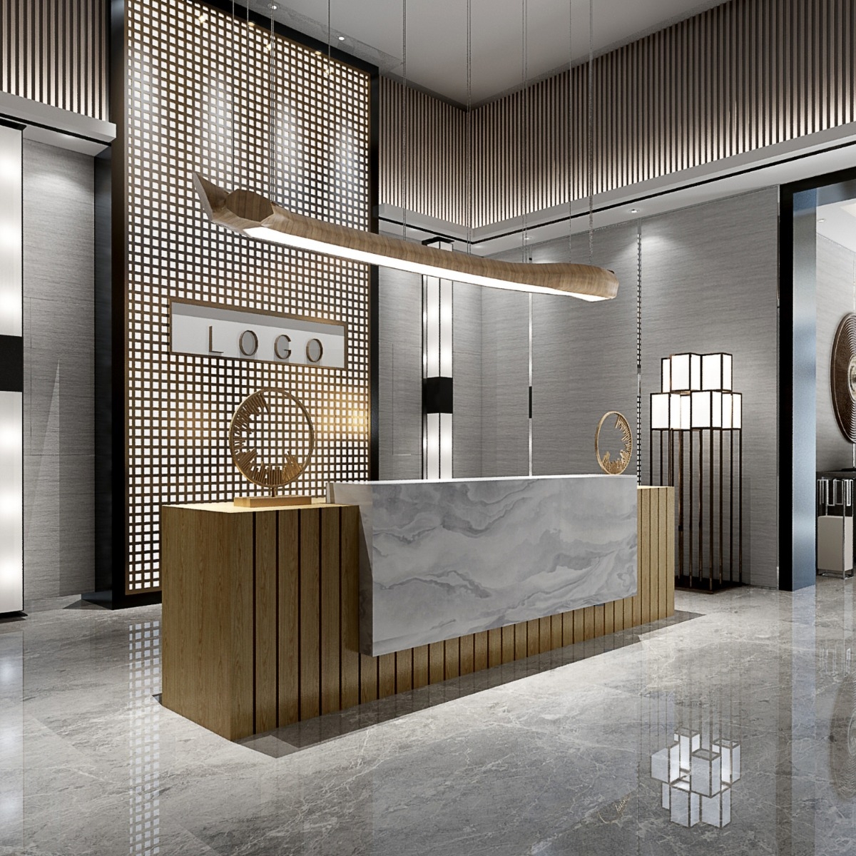 Reception Desk featuring Boat-Shaped Pendant and Stone