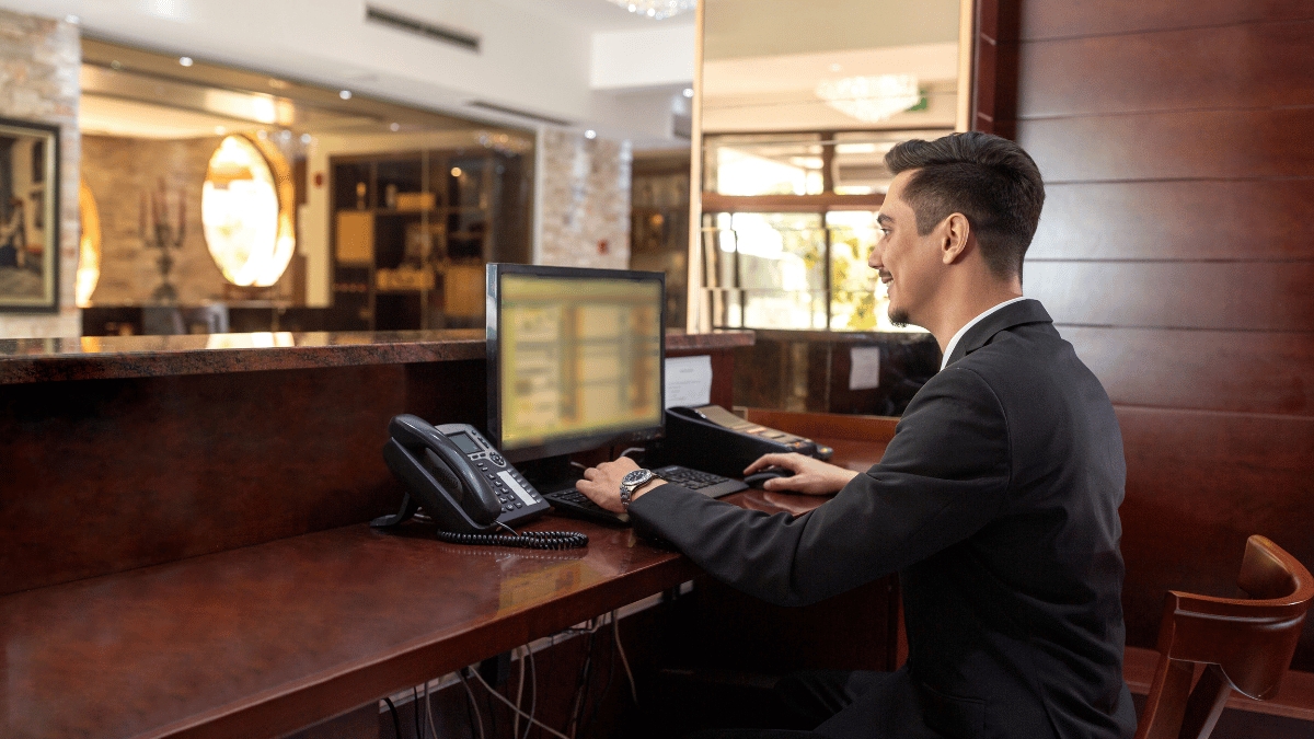 Reception Desk in Walnut Brown Finish with Integrated Tech
