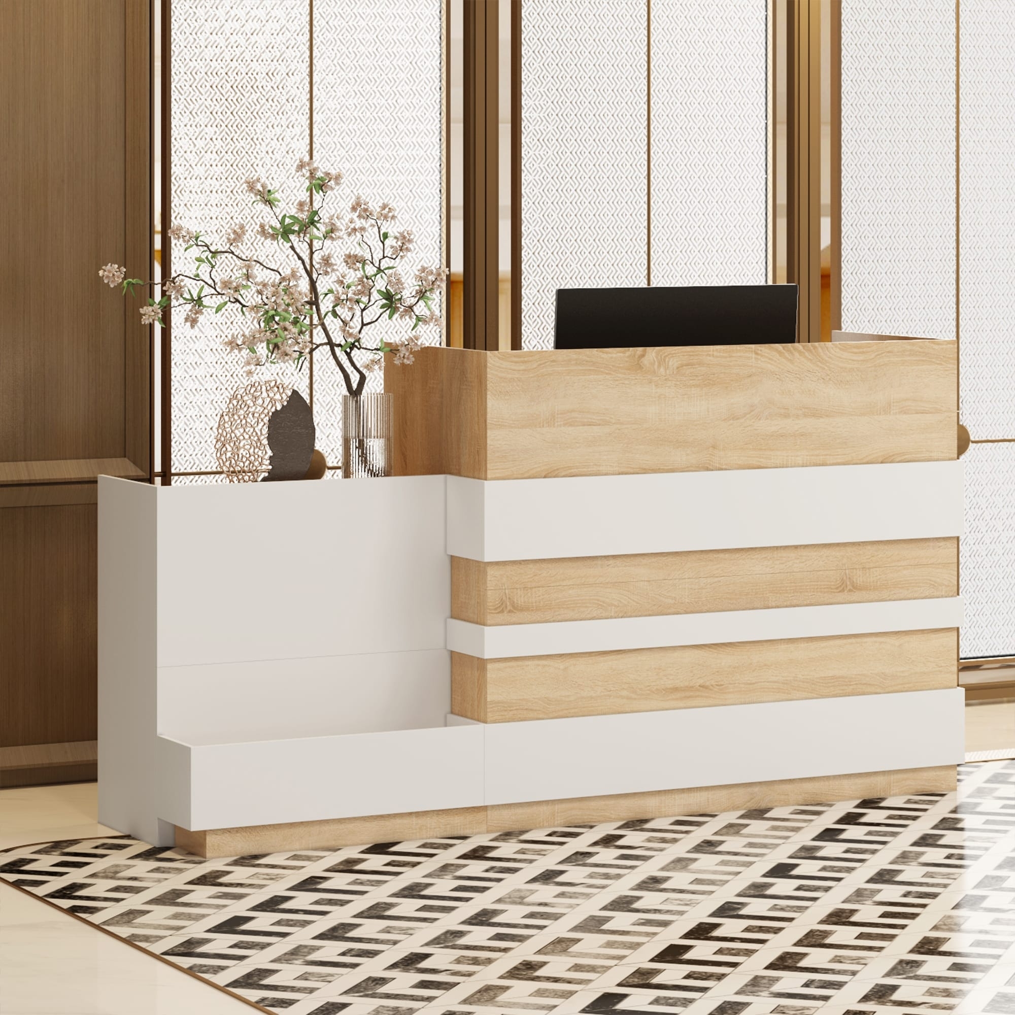 Reception Desk in White and Oak with Horizontal Banding