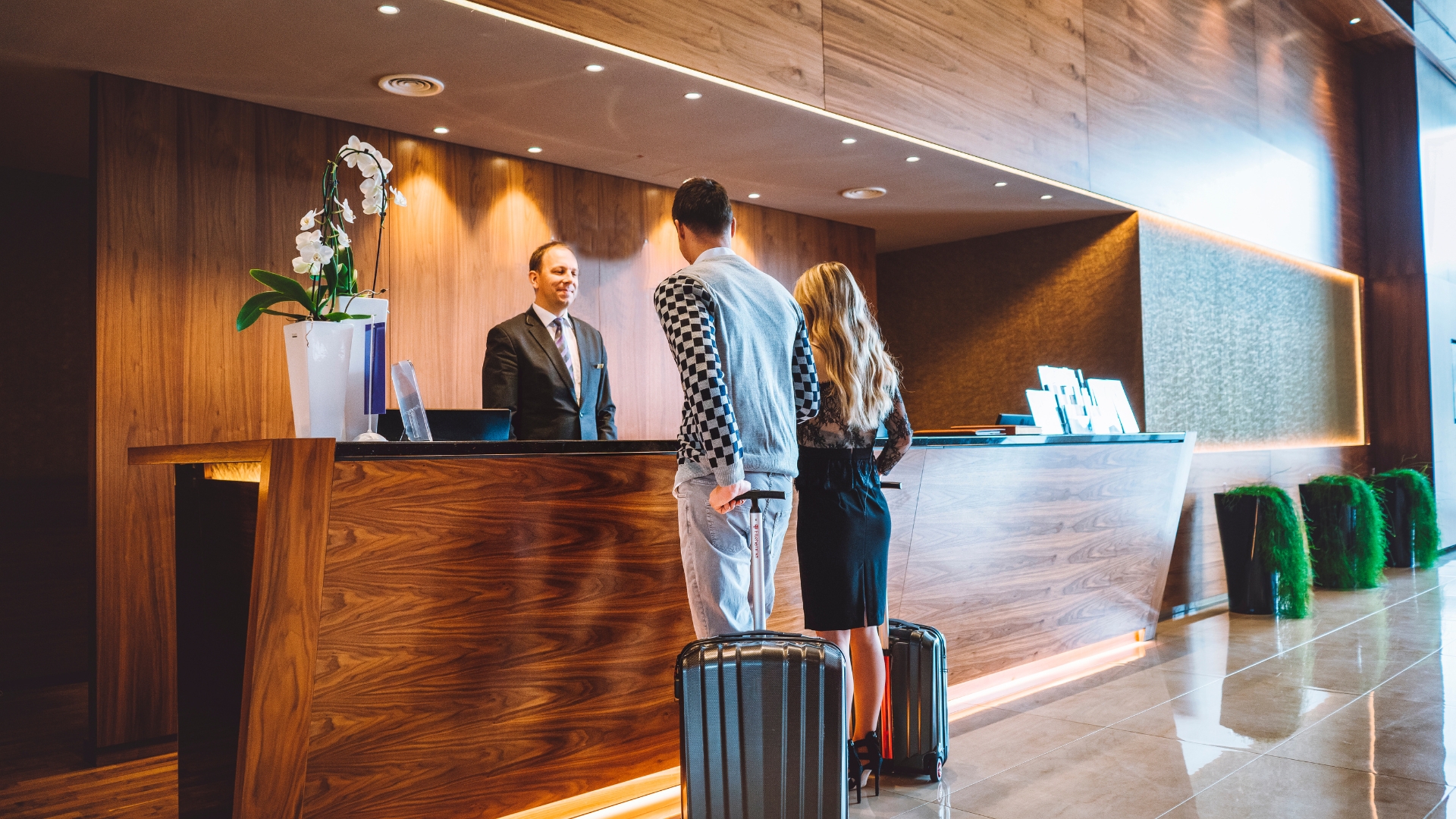 Reception Desk with Linear Wood Paneling Luxury Hotel