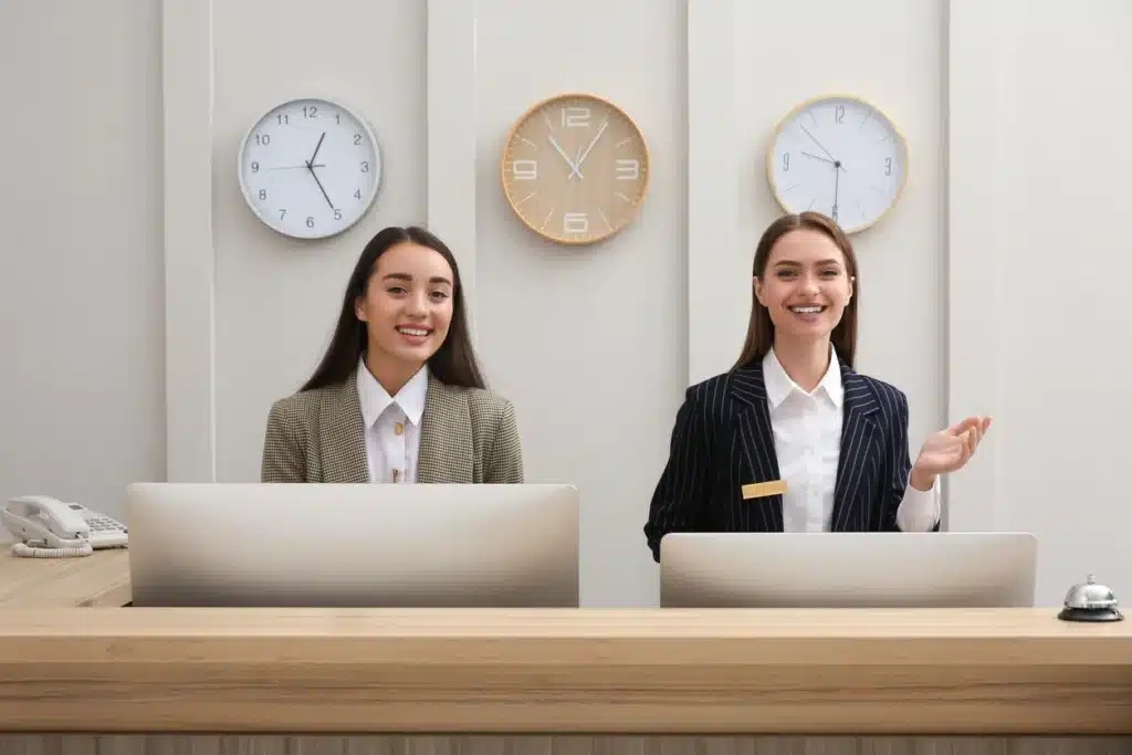 Reception Desk with Multi-Clock Display Wood Counter