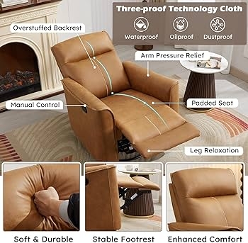 Recliner Chair Tech Cloth Waterproof Camel Brown Glider