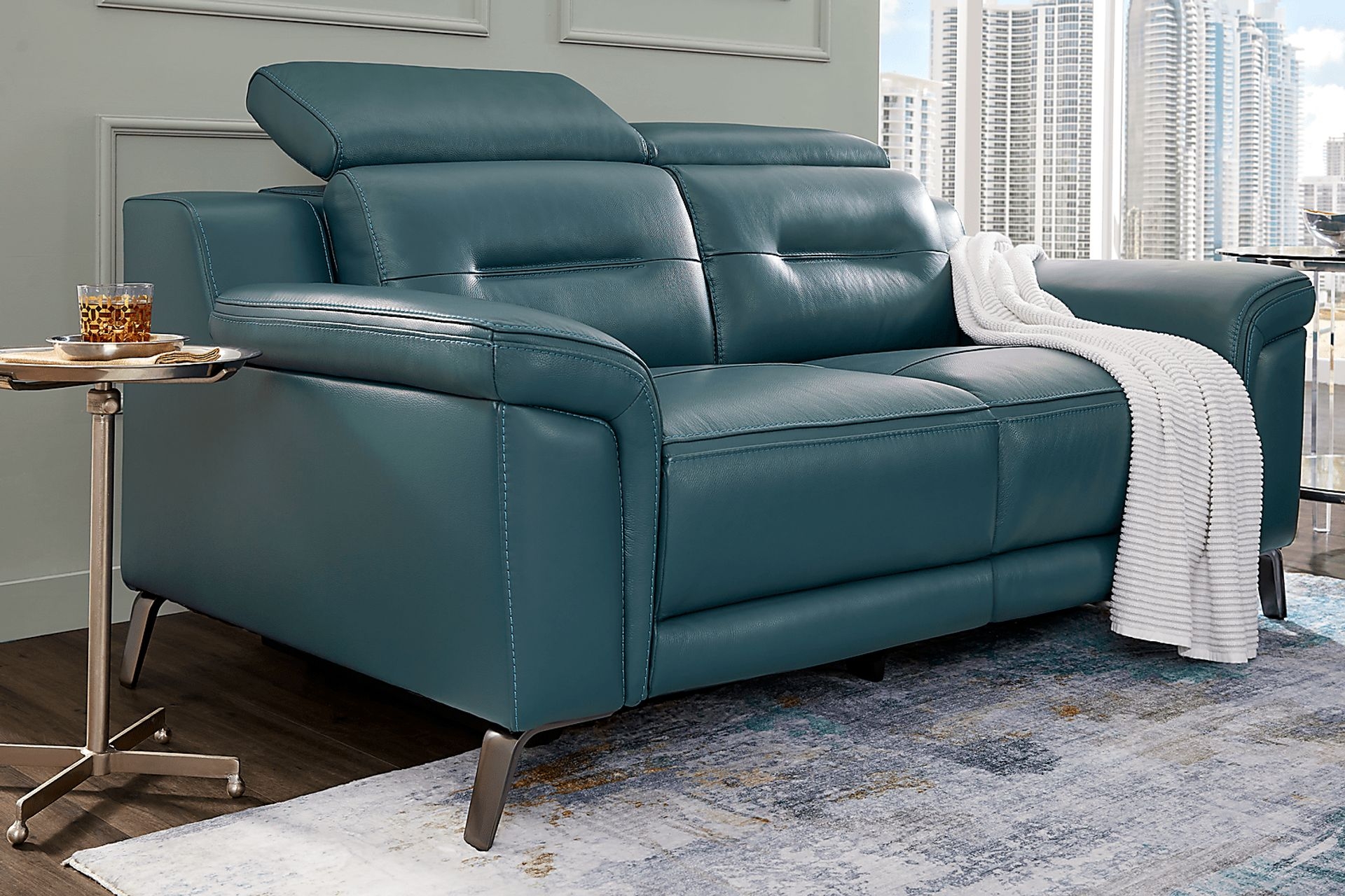Reclining Loveseat Slate Blue Metallic Tapered Legs