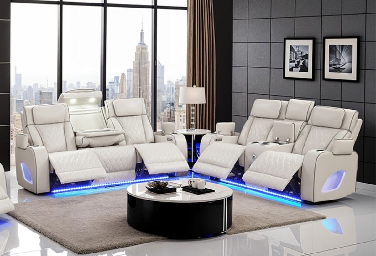 Reclining Sectional Set in Ice White with Blue LED Strips
