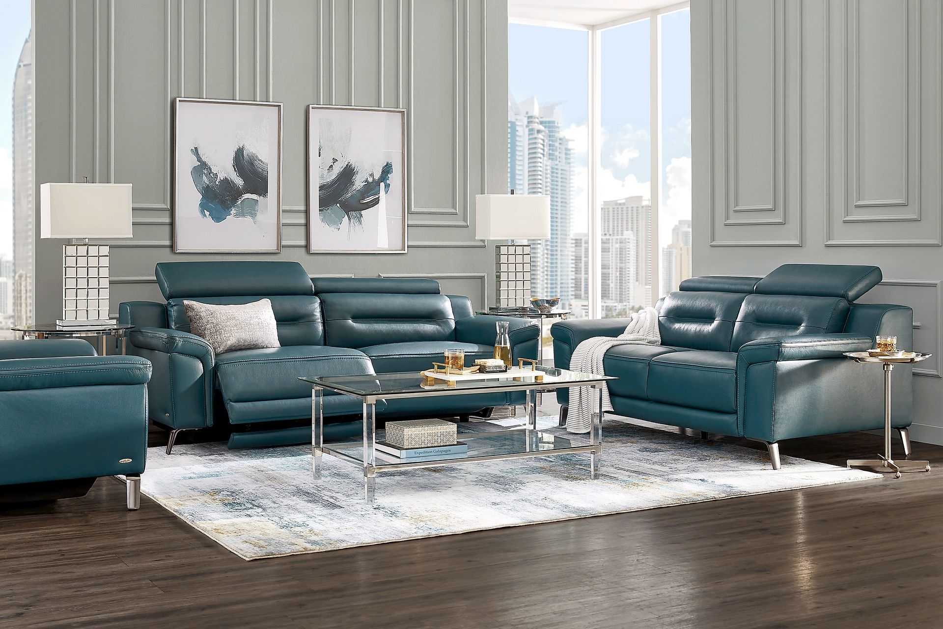 Reclining Sofa Blue Leather Acrylic Legs Seating Set
