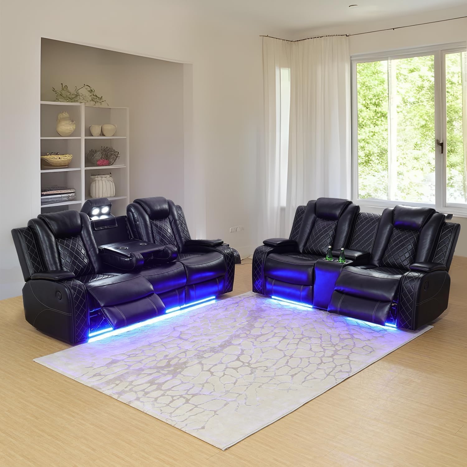 Reclining Sofa Set featuring LED Underglow and Drop-Down Console