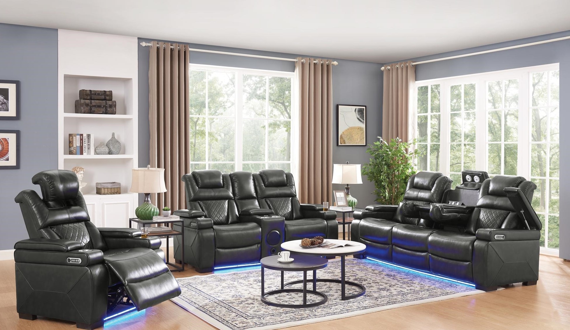Reclining Sofa Set including Blue LED Accents and Speakers