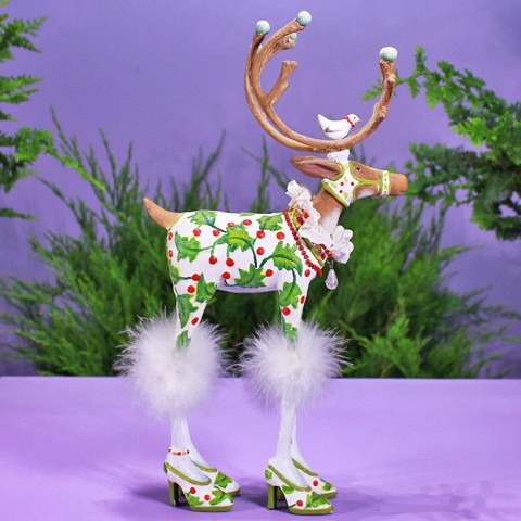Reindeer Figurine: Feathered Leg Cuffs Holly Berry Reindeer Decor