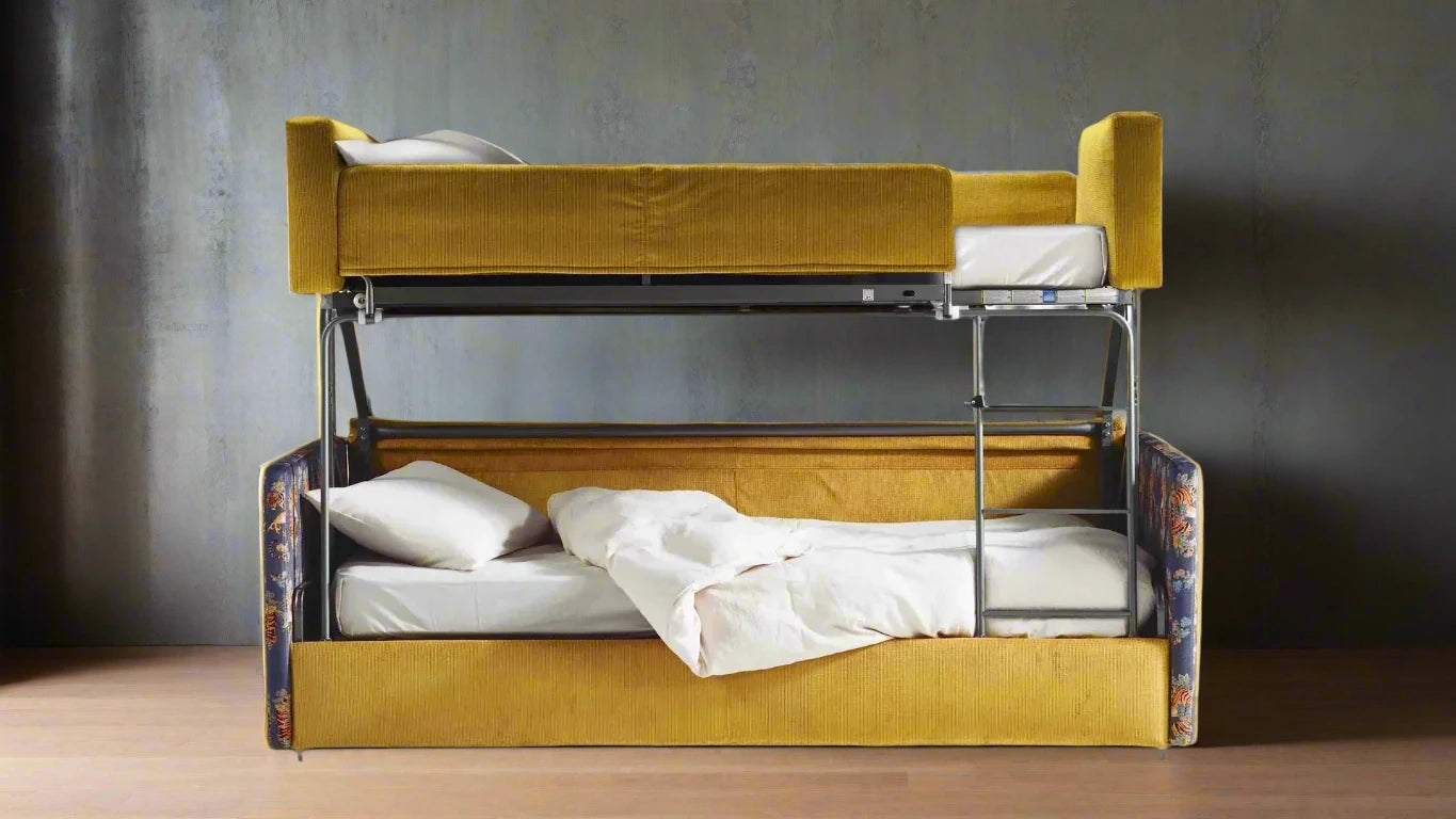 Ribbed Fabric Sofa Bunk Bed Mustard Yellow Panels.