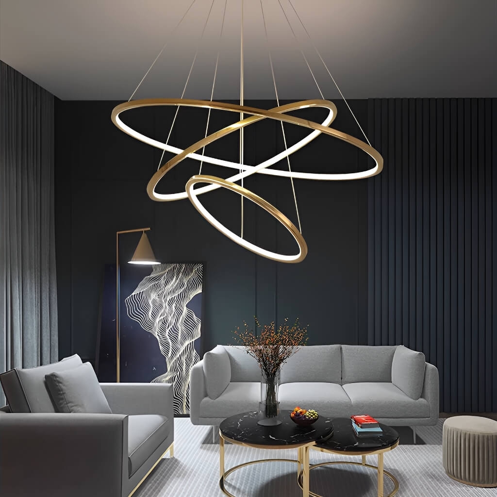 Ring Chandelier: Gold Brushed Interlocking Rings Minimalist Duplex Light