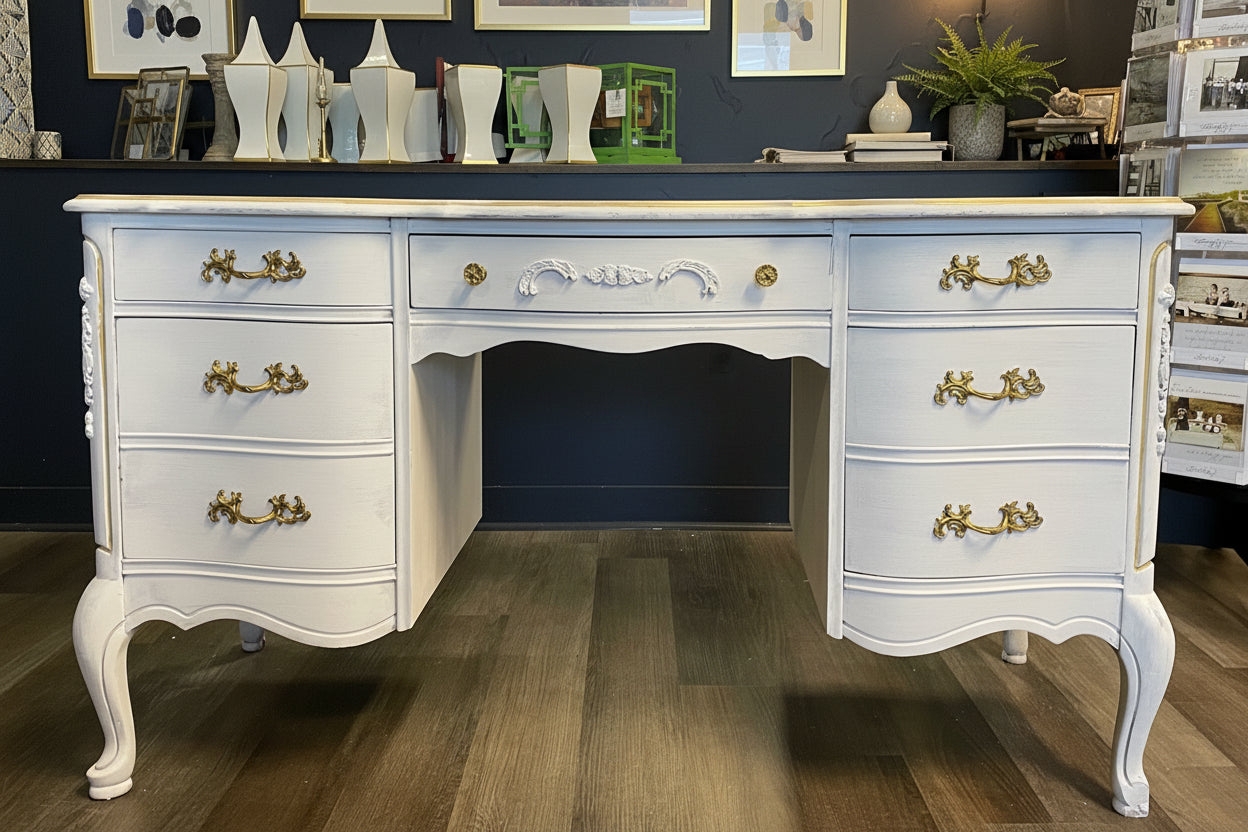 Rococo White Desk with Serpentine Drawers and Finish