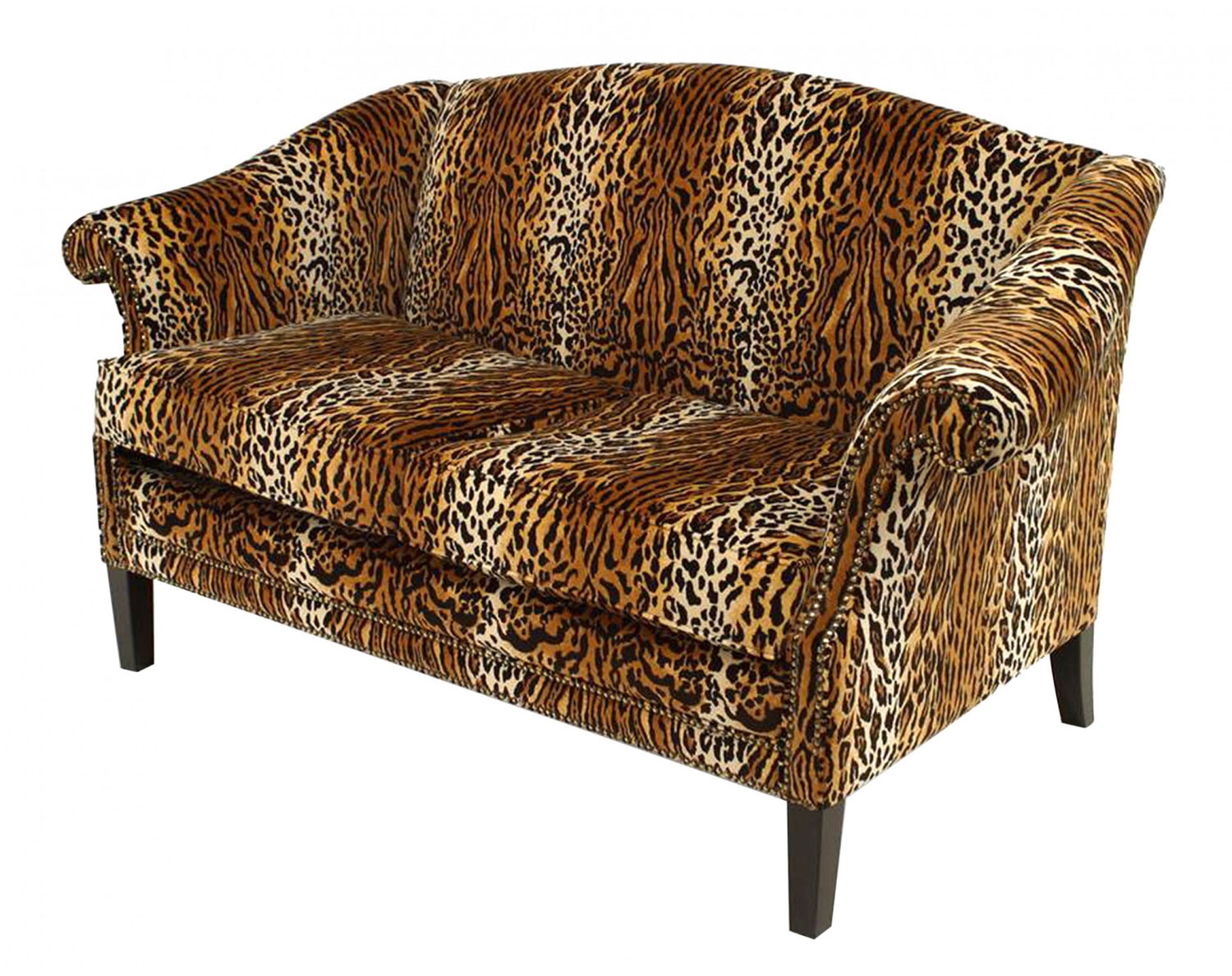 Rolled Arm Loveseat with Nailhead Trim and Luxury Leopard Upholstery