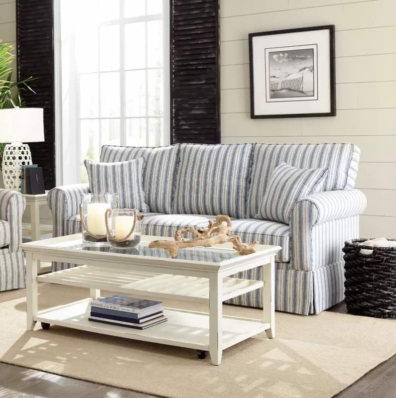 Rolled Arm Sofa Caster Wheels and blue striped coastal sofa
