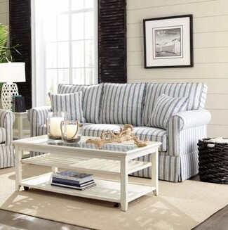 Rolled Arm Sofa Caster Wheels and blue striped coastal sofa