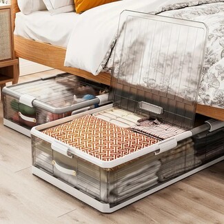 Rolling Under Bed Storage Translucent Grey Bin with Pulls