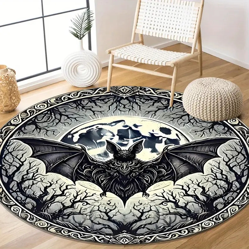 Round Area Rug: Central Bat Graphic Monochrome Goth Decor