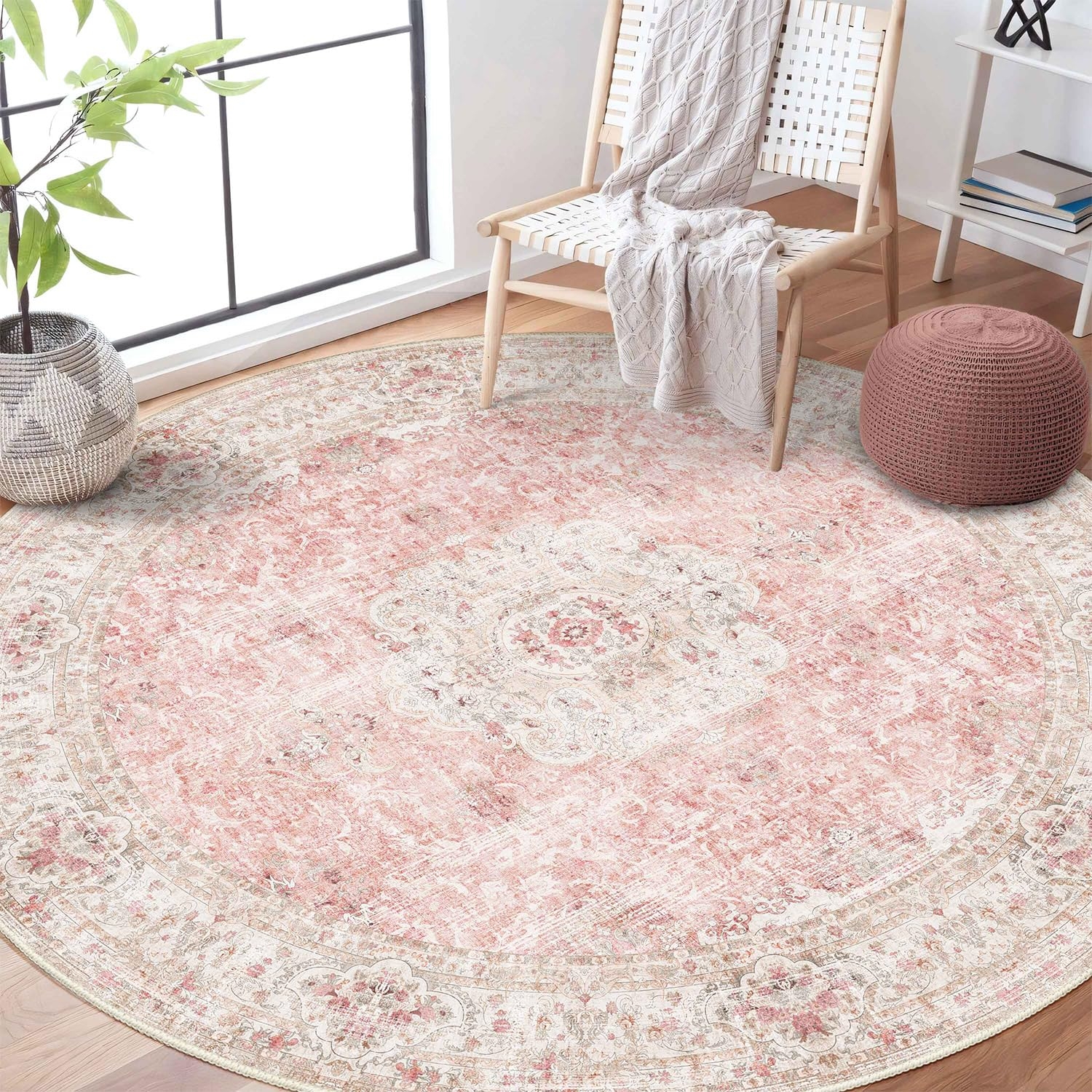 Round Area Rug Distressed Rose Floral Medallion
