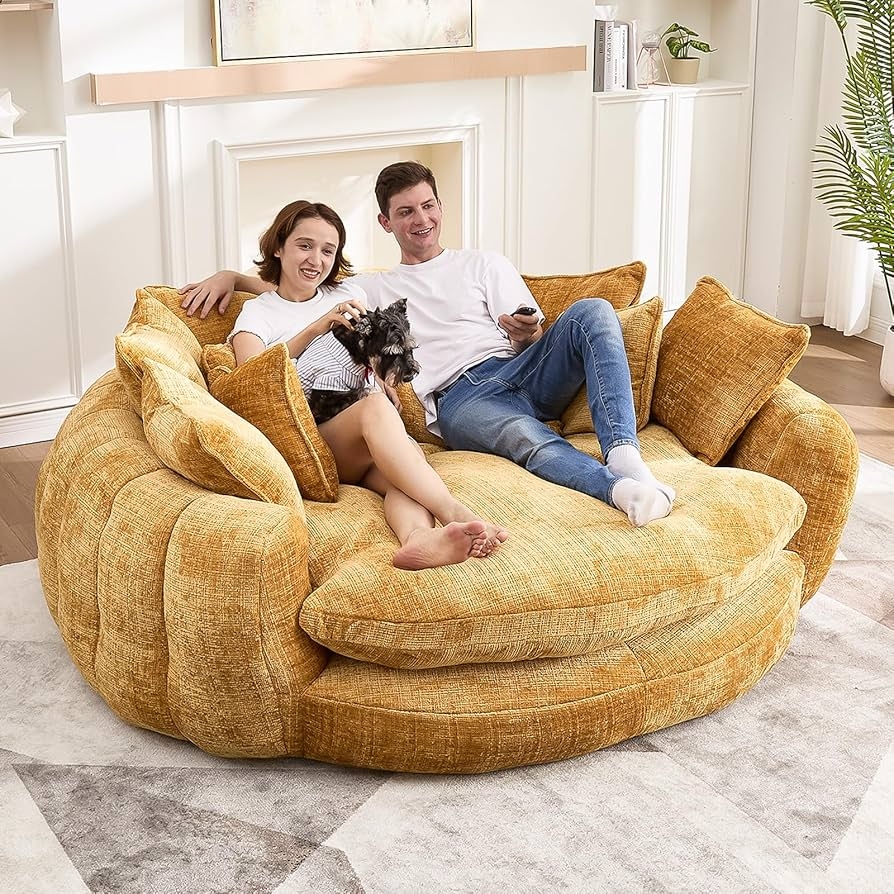 Round Chaise Lounge Mustard Yellow Scalloped Base Daybed