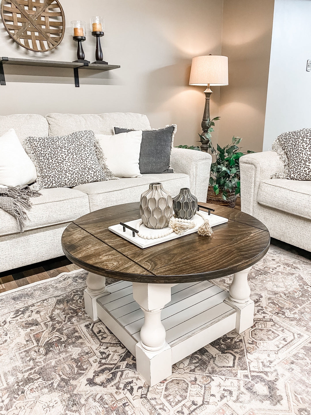Round Coffee Table Baluster Legs and Two Tone Finish