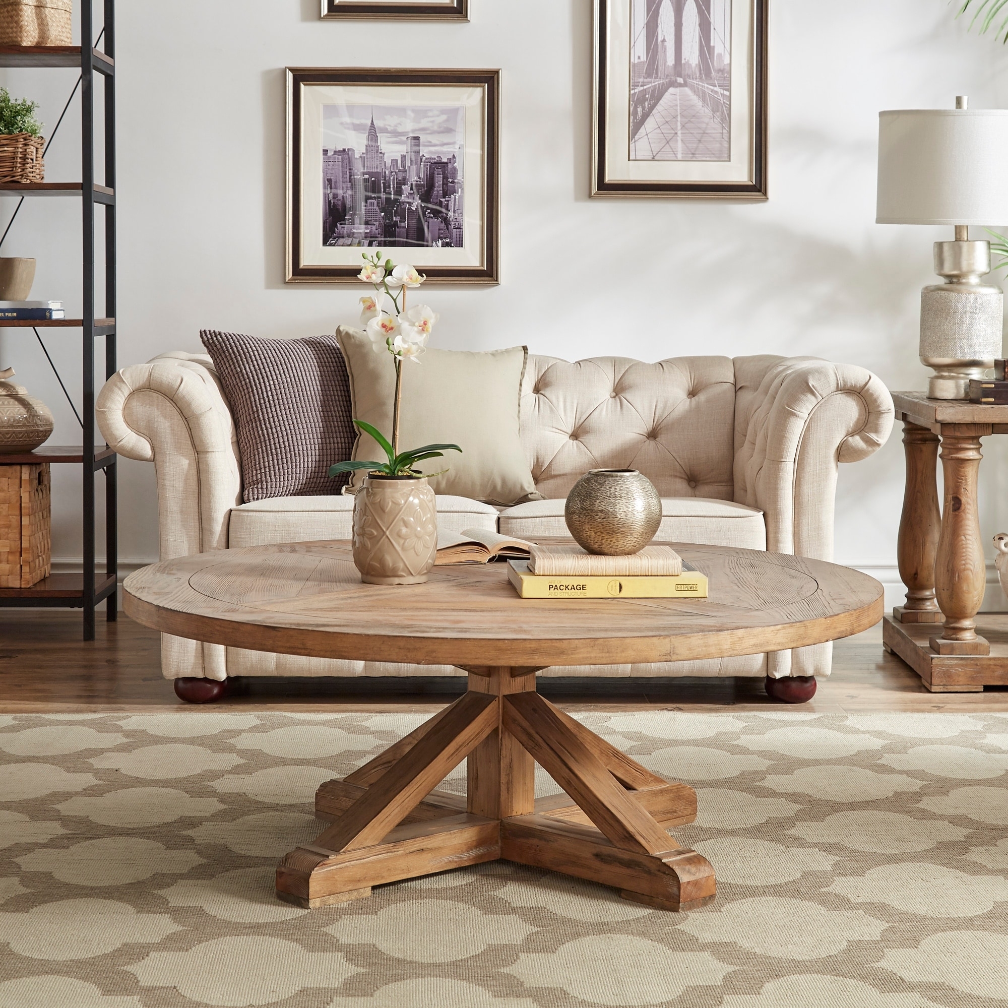 Round Coffee Table Pedestal Trestle in Pine Veneer