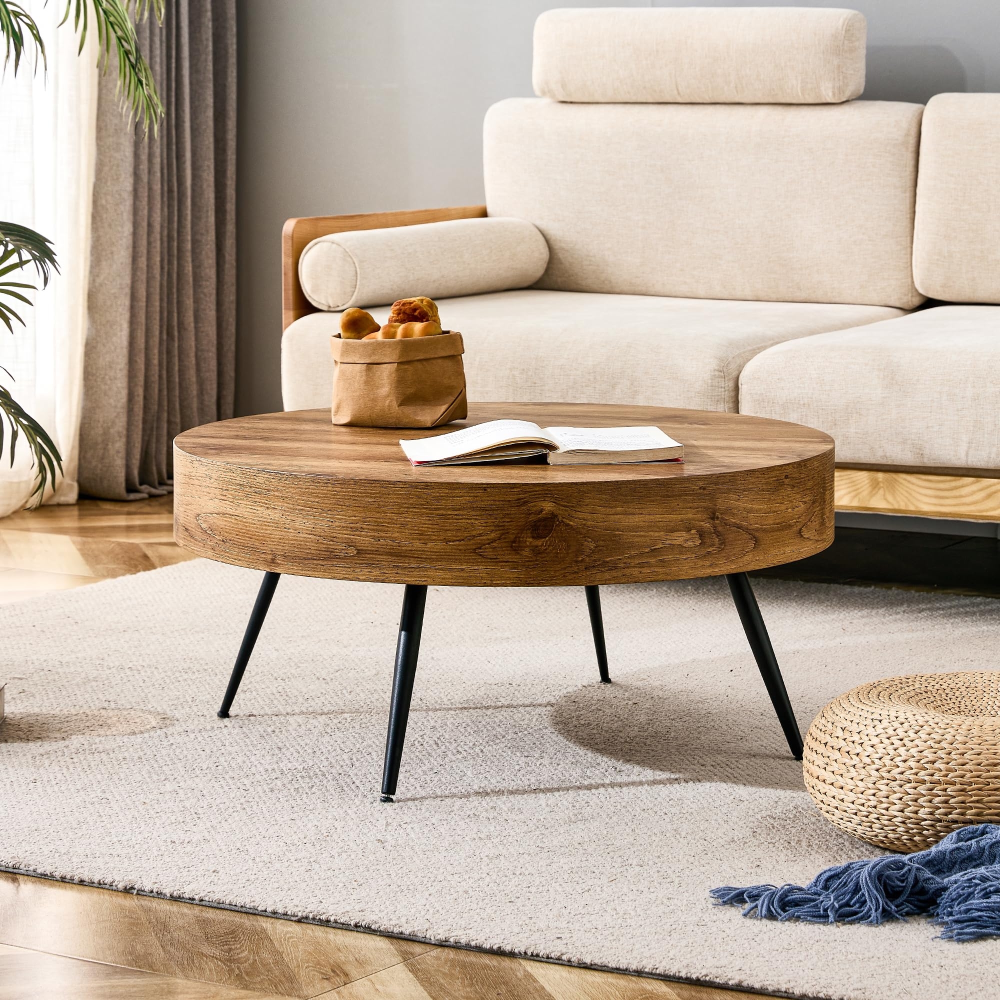 Round Coffee Table Thick Wood Top with Tapered Legs