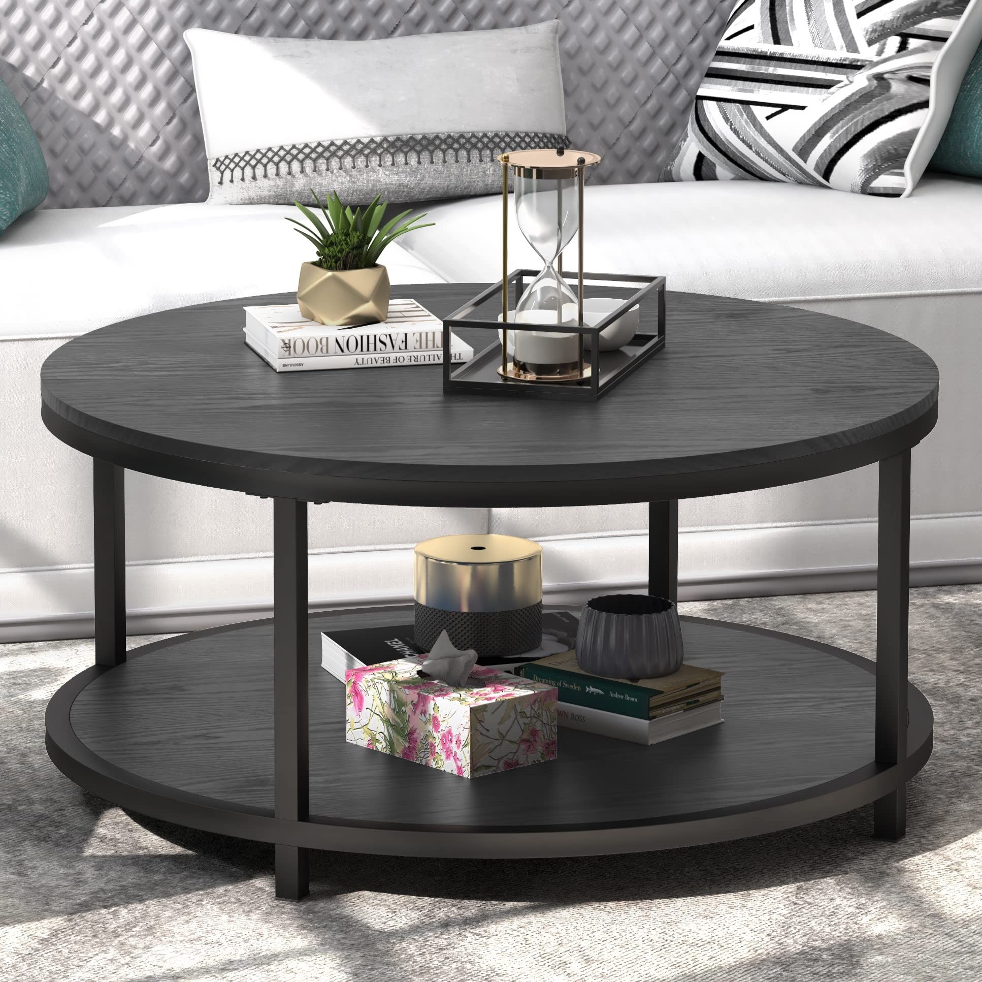 Round Coffee Table Two Tier Storage in Matte Black