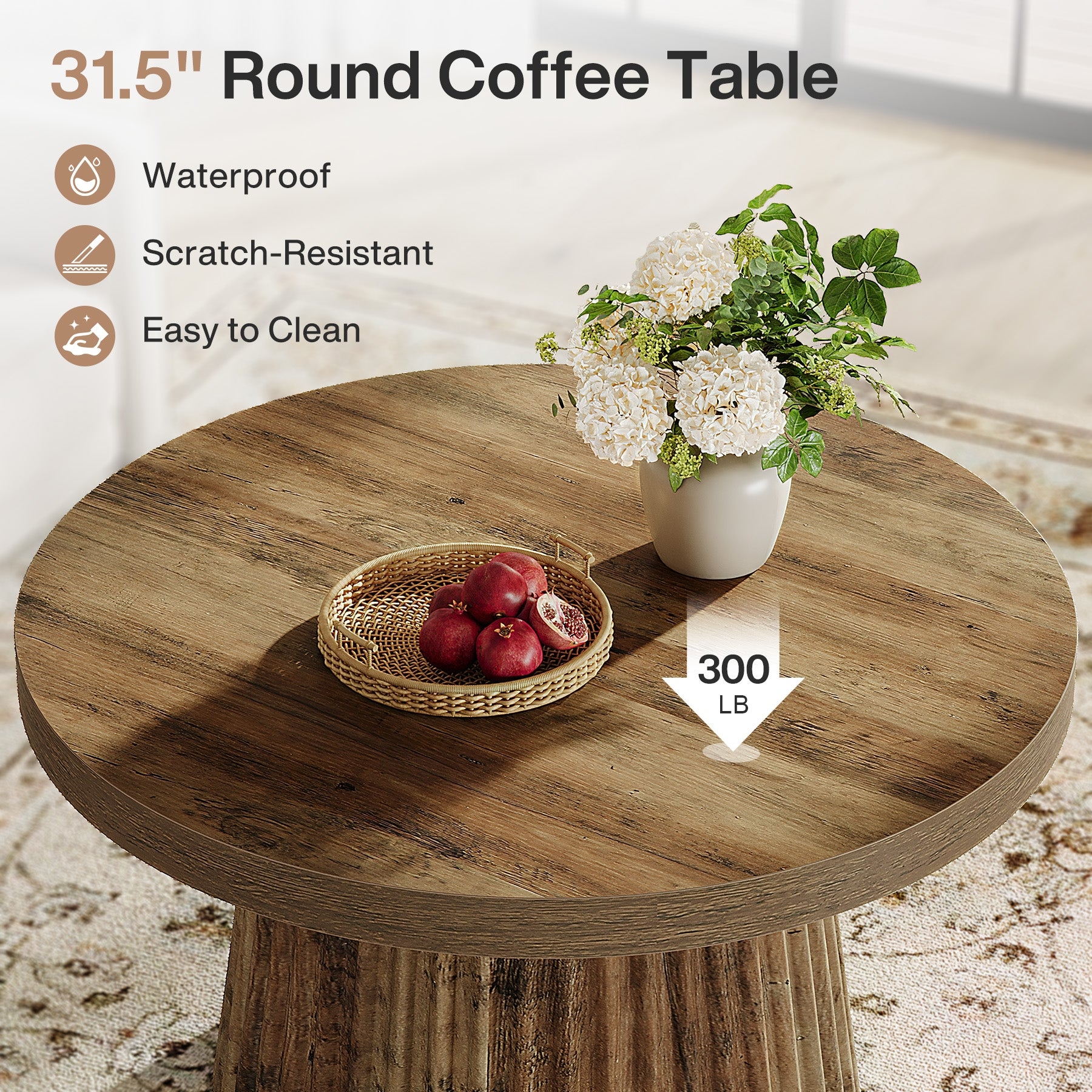 Round Coffee Table with Fluted Drum Base and Brown Finish