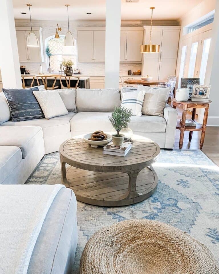 Round Coffee Table with Planked Top and Two Tier Design