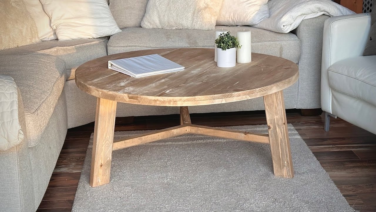 Round Coffee Table Y Stretcher Base and Planked Top