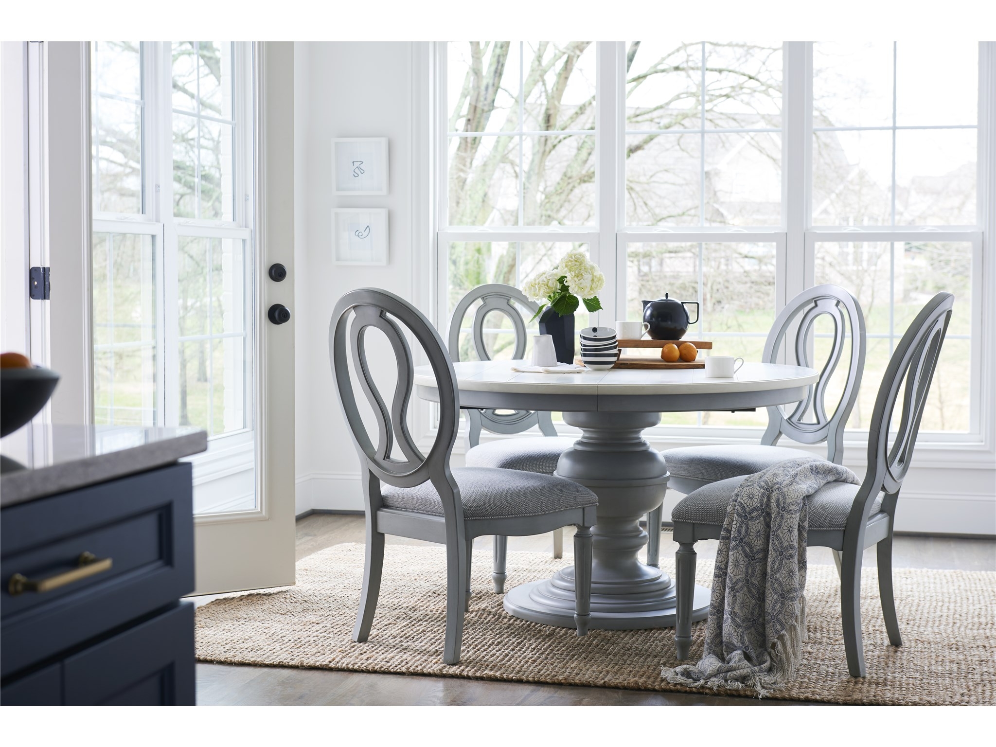Round Dining Table in Blue Grey Finish and Oval Backs