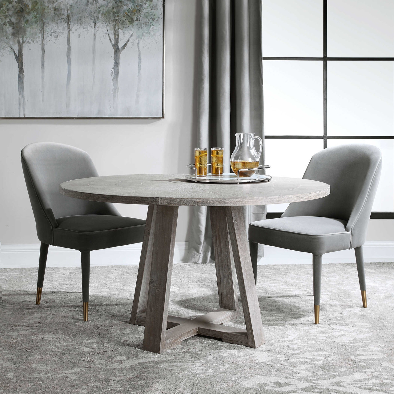 Round Dining Table in Weathered Gray Wood with Gold Capped Legs