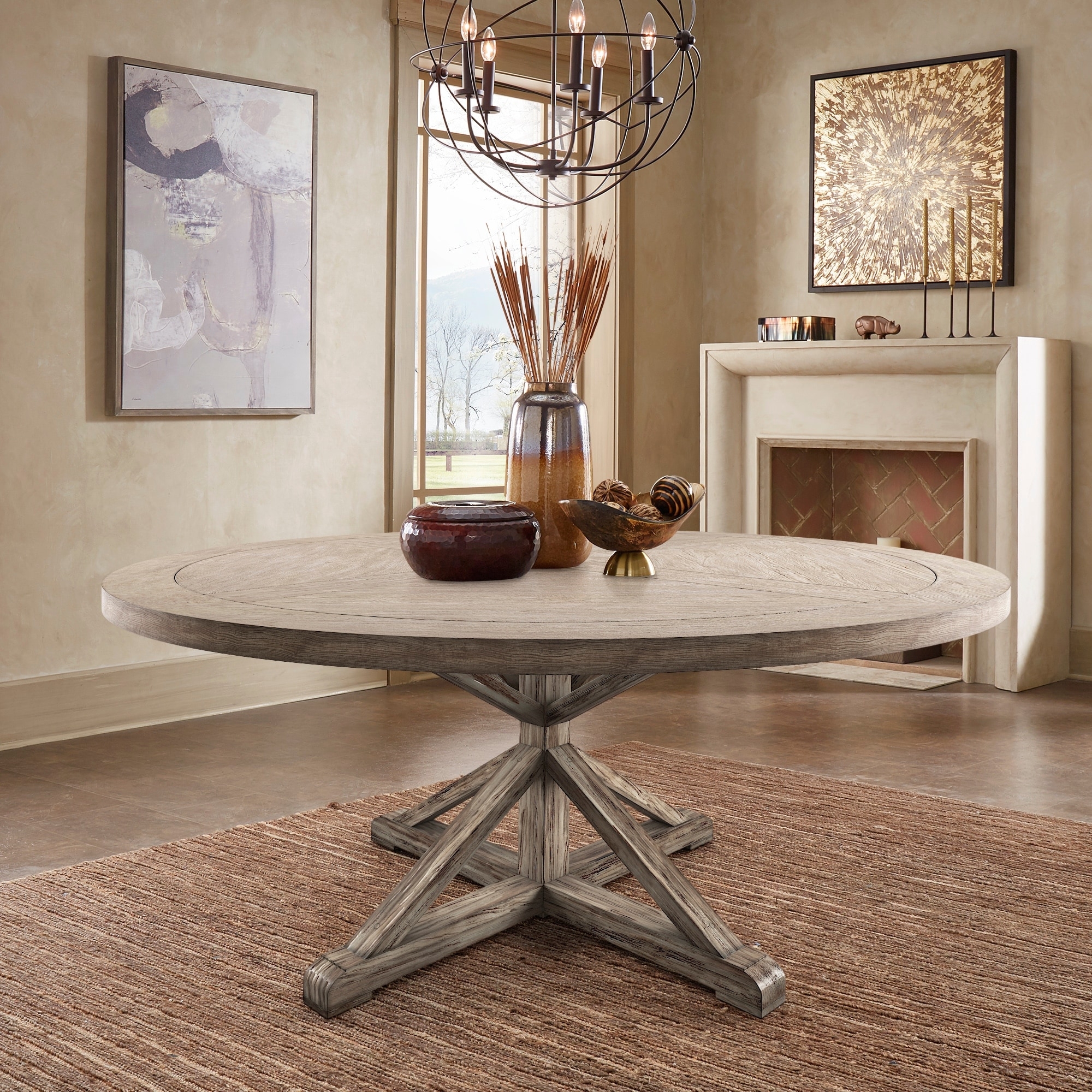 Round Dining Table with 72 Inch Top and Rustic Antique Gray X-Base