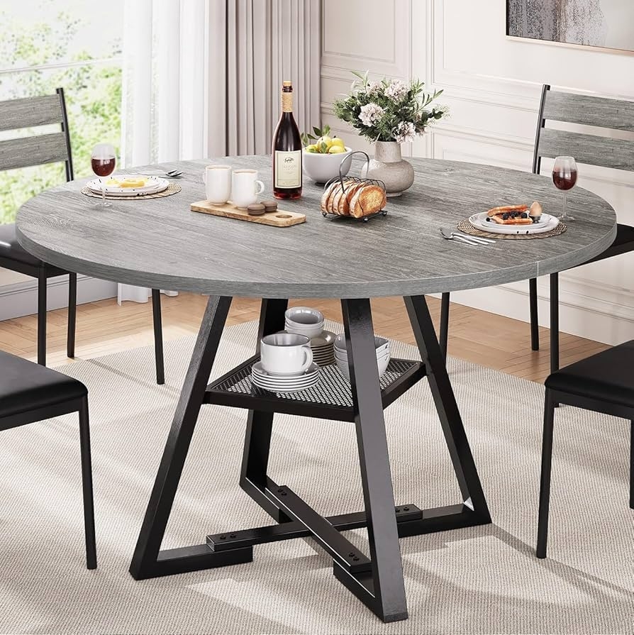 Round Dining Table with Integrated Mesh Storage Shelf and Black Base