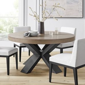 Round Dining Table with Thick Apron and Black Cross Base Pedestal