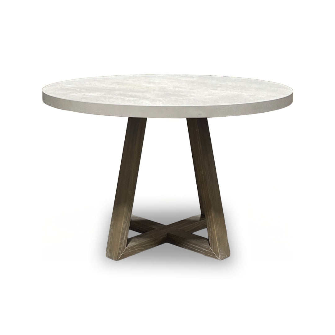 Round Dining Table with Weathered Brown X-Base and Stone Like Top