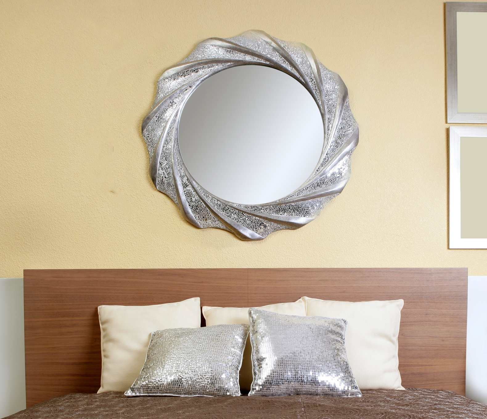 Round Mirror Swirl Frame Mosaic Texture Silver Glam Wall Decor