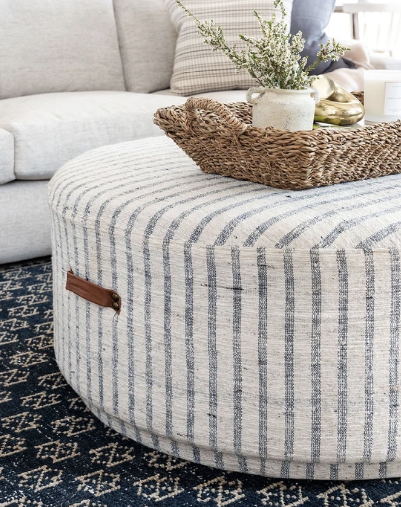 Round Ottoman Blue Ticking Stripe Leather Side Handle
