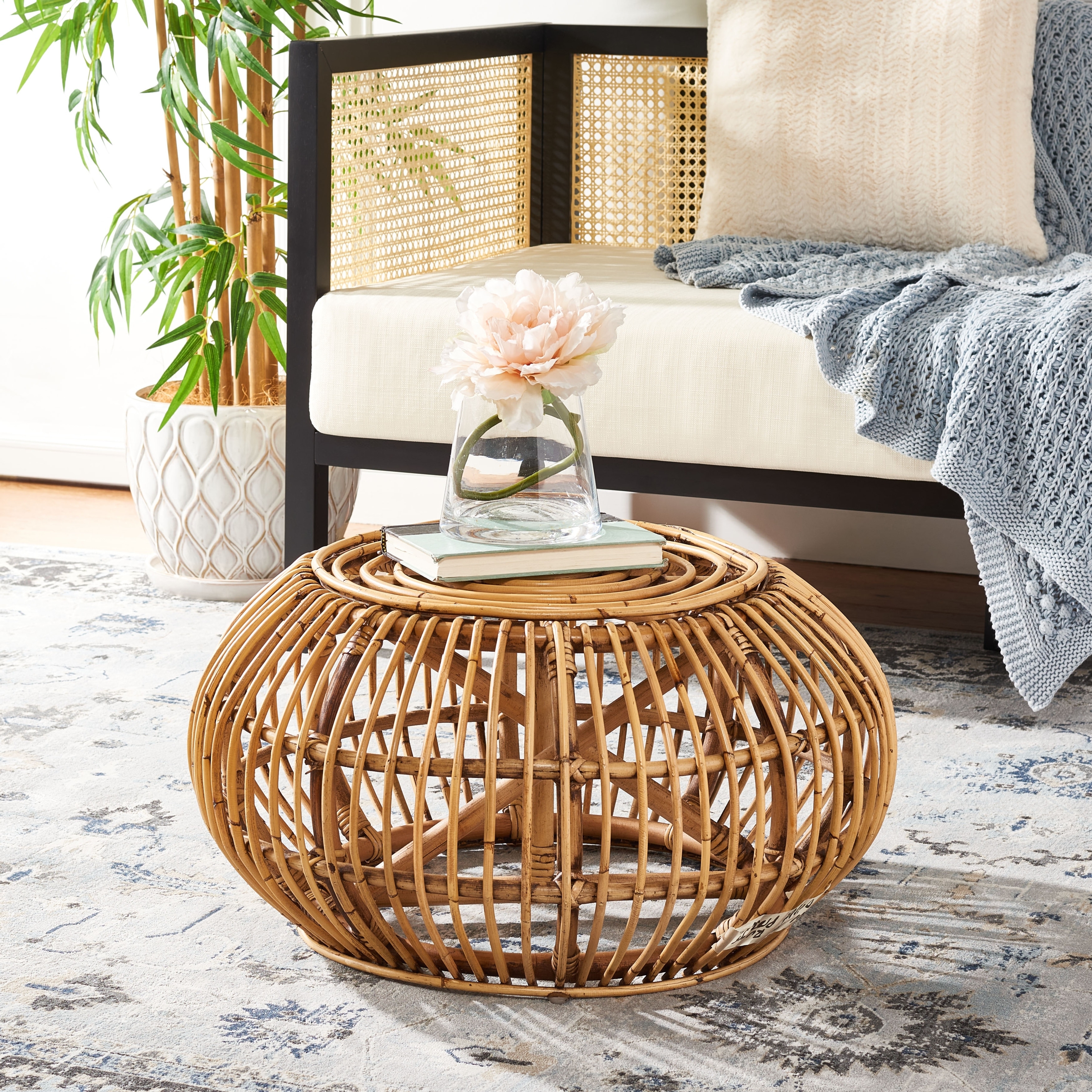 Round Ottoman Honey Brown Wash Open Slat Design Tropical