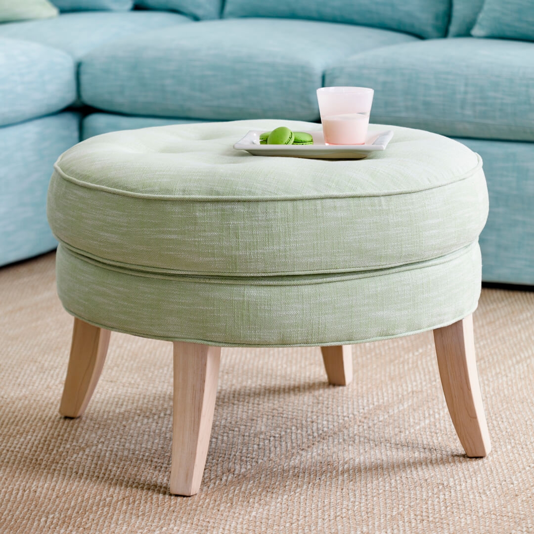 Round Ottoman Seafoam Green Fabric Tufted Double Layered