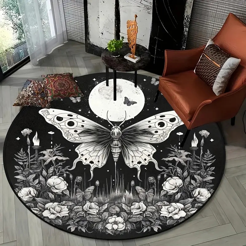 Round Rug: Moth Design Monochrome Gothic Glam Floor Mat