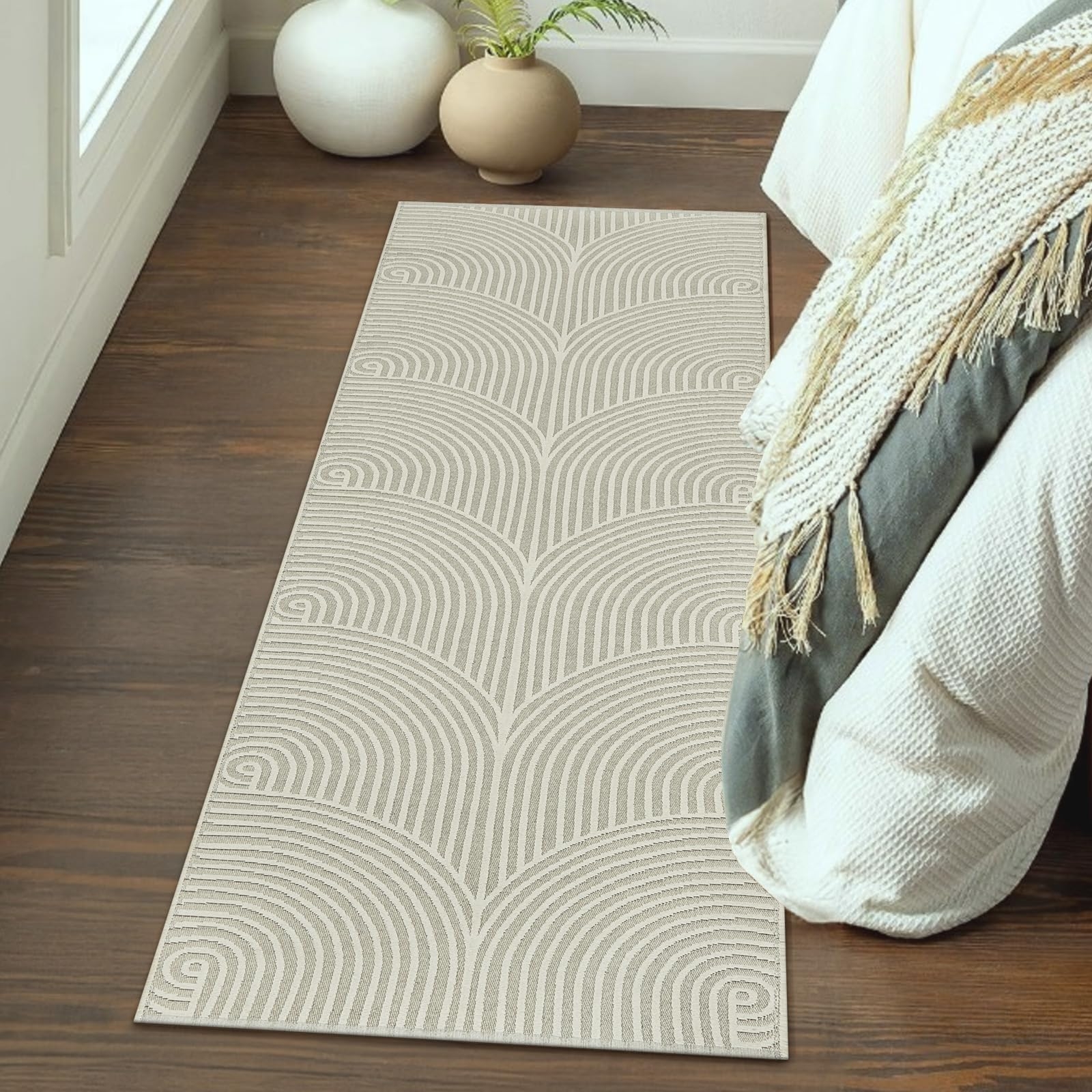 Runner Rug: Repeating Arch Motif, Beige Hallway Floor Runner