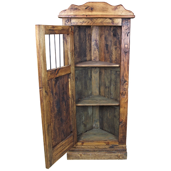 Rustic Corner Cabinet with Iron Bars and Wood Planks