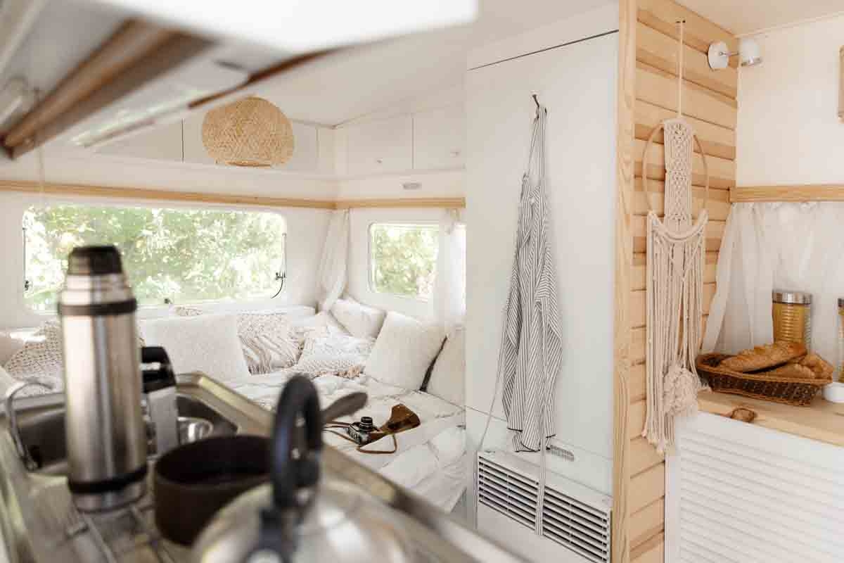 RV Interior with Horizontal Wood Slats and Light Trailer Walls