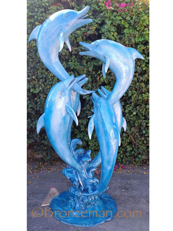 Sculpture Fountain: Four Dolphins Glossy Blue Wave Base Art