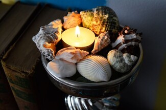 Seashell Centerpiece with Candle and Coastal Pedestal Bowl