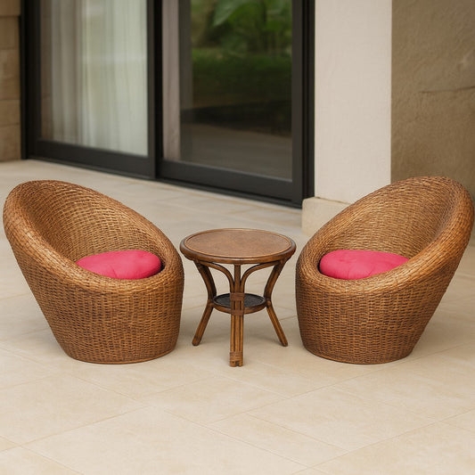 Seating Set with Woven Rattan Texture and Magenta Patio Cushions