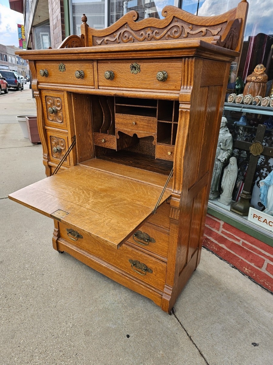 Secretary Desk Golden Oak Carved Drop Front Writing Desk